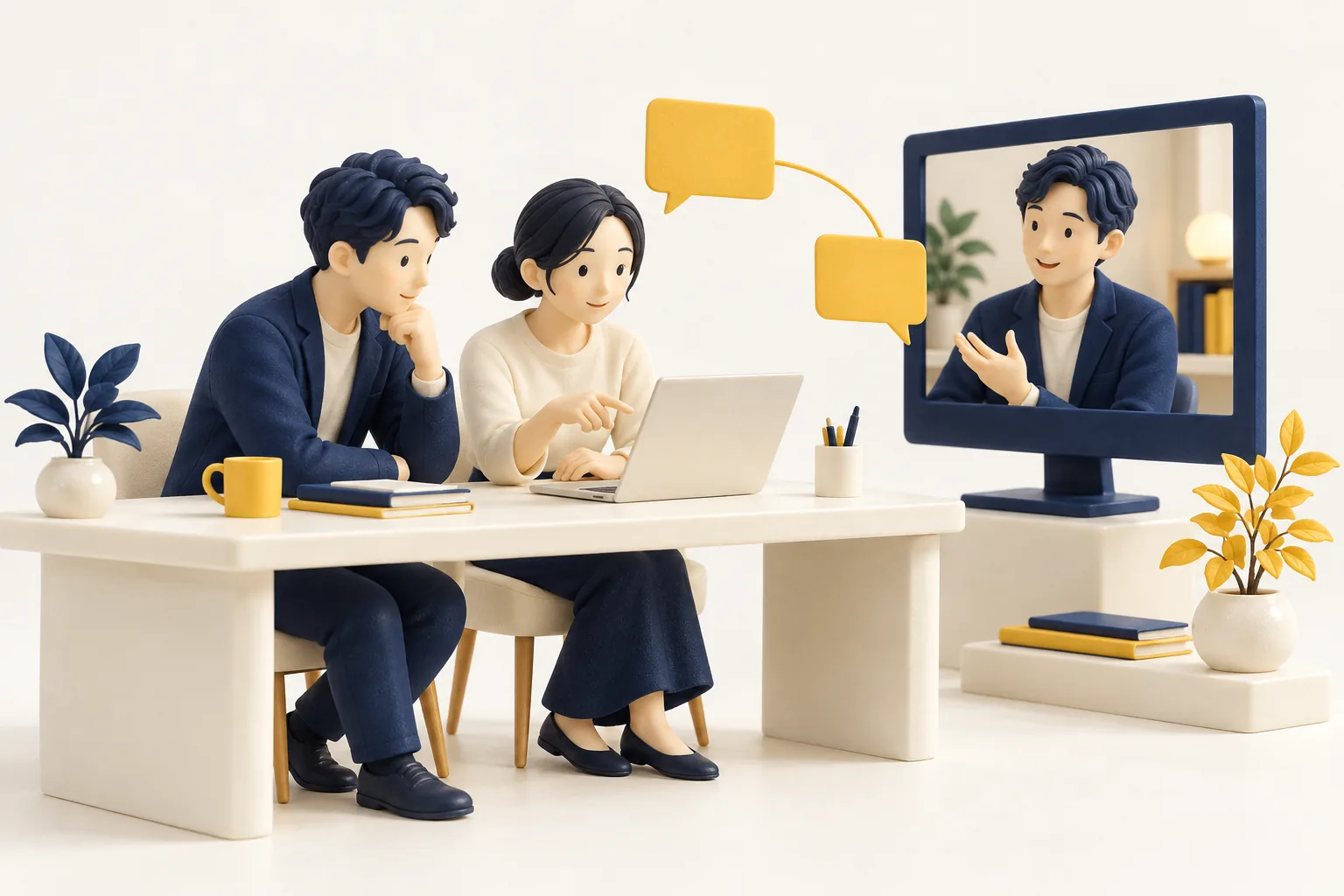 対面とオンラインで相談している様子のイラスト