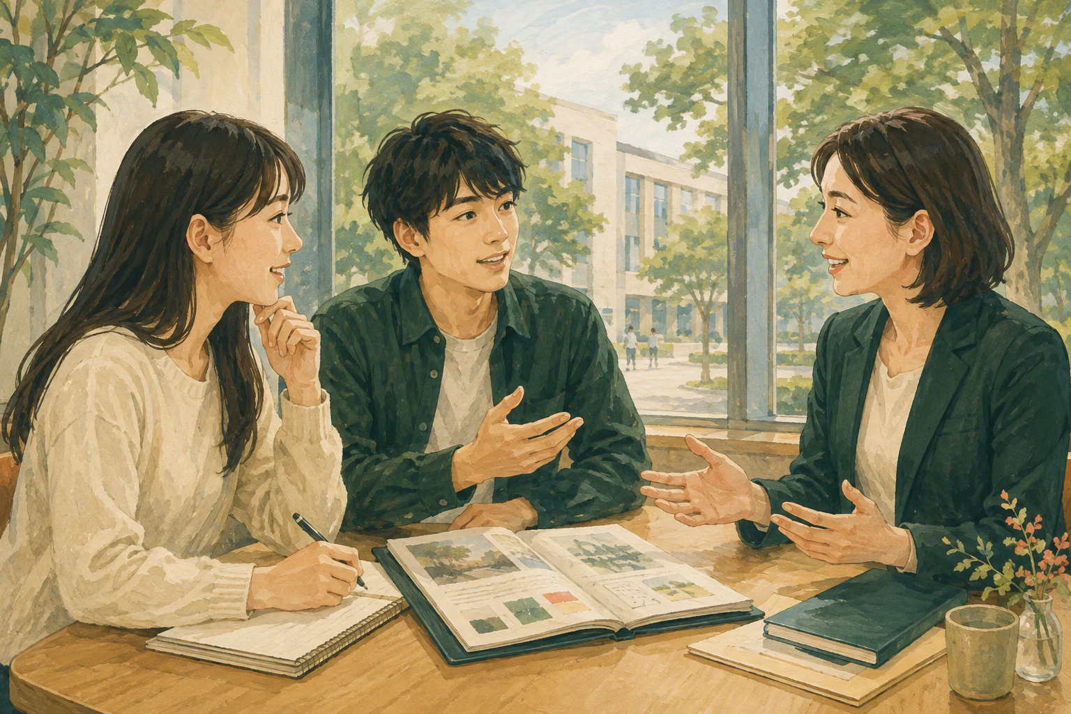 学生が大学の相談員と、学びや希望する進路について話すイラスト